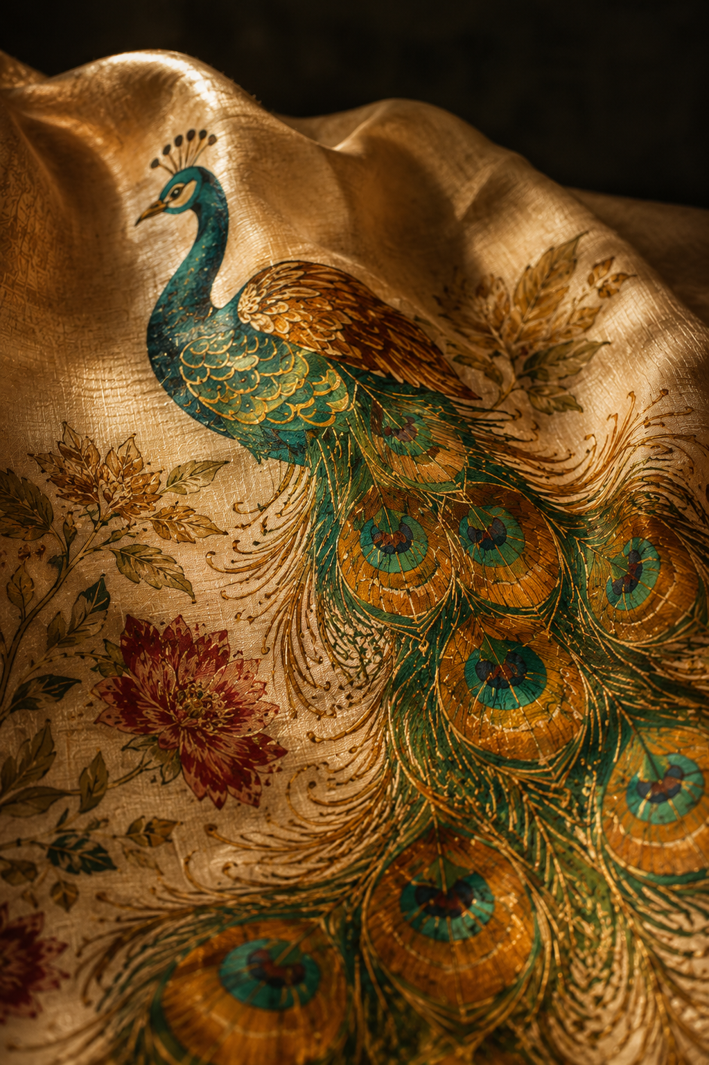 Hand painted saree design showcasing detailed peacock artwork and traditional design