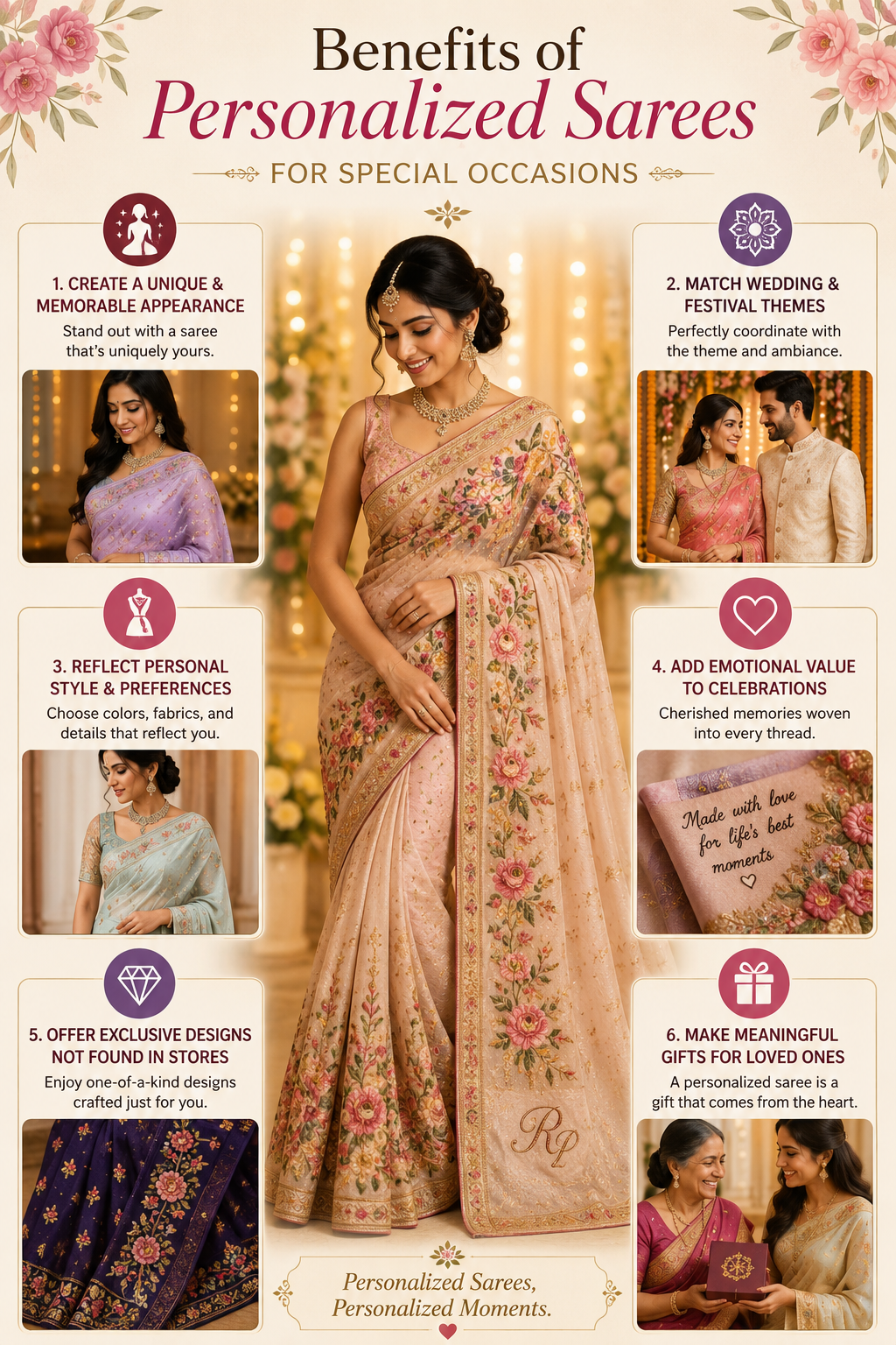 Beautiful Custom Saree Designs showcasing traditional Indian motifs and artistic detailing