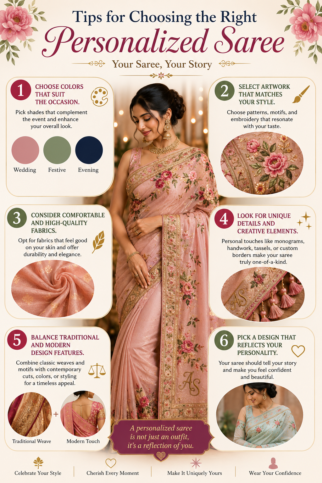 Custom Saree Designs featuring elegant hand-painted floral artwork on premium fabric