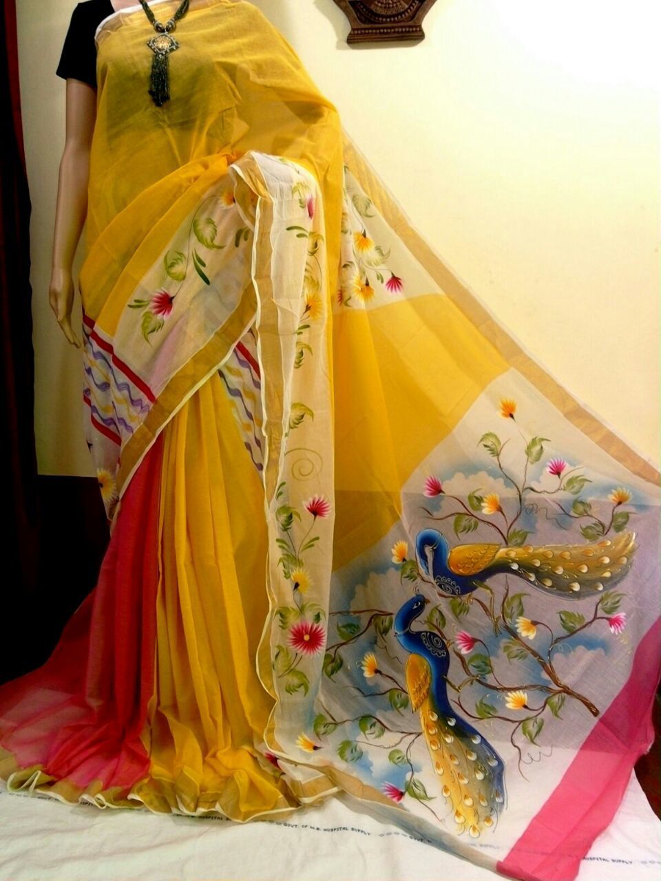 Hand painted saree design featuring elegant floral artwork and vibrant colors